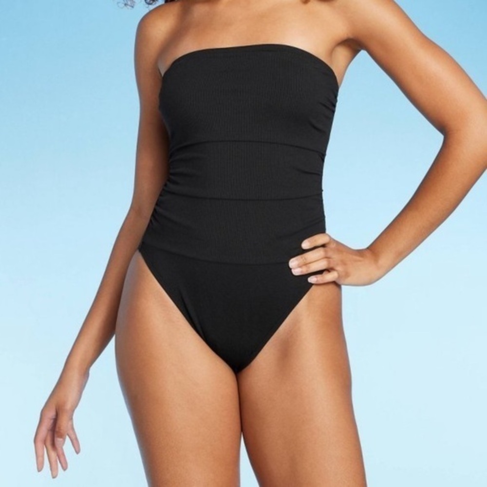 Ribbed Bandeau Cheeky One Piece Swimsuit NEW